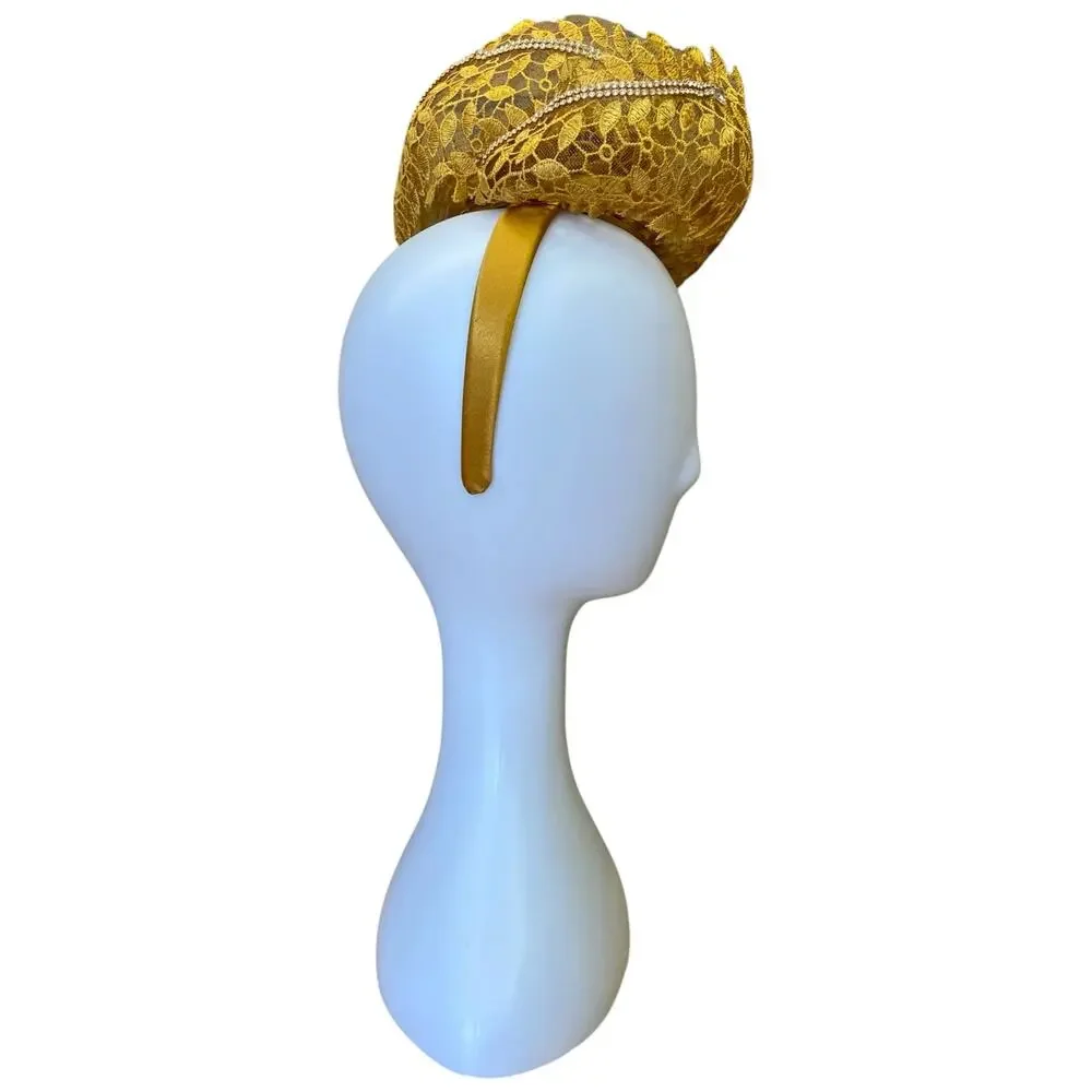 Y2K Gold Fascinator Headband – Rhinestone Leaf Appliqué w/ Satin Rose - Picture 2 of 8